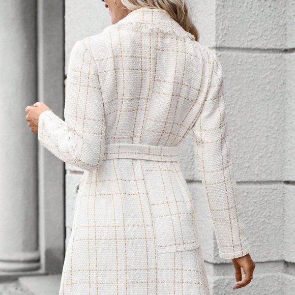 White Preppy Womens Plaid Pattern Raw Trim Double Breasted Belted Tweed Dress - Picture 2 of 5